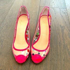 Authentic Christian Louboutin hot pink sequin peep toe heels 37 Barbie sequence